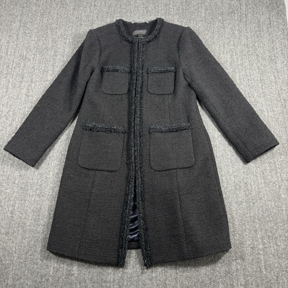 J.Crew Womens 4 Black Wool Blend Tweed Long Coat Fringe Trim 4 Pocket